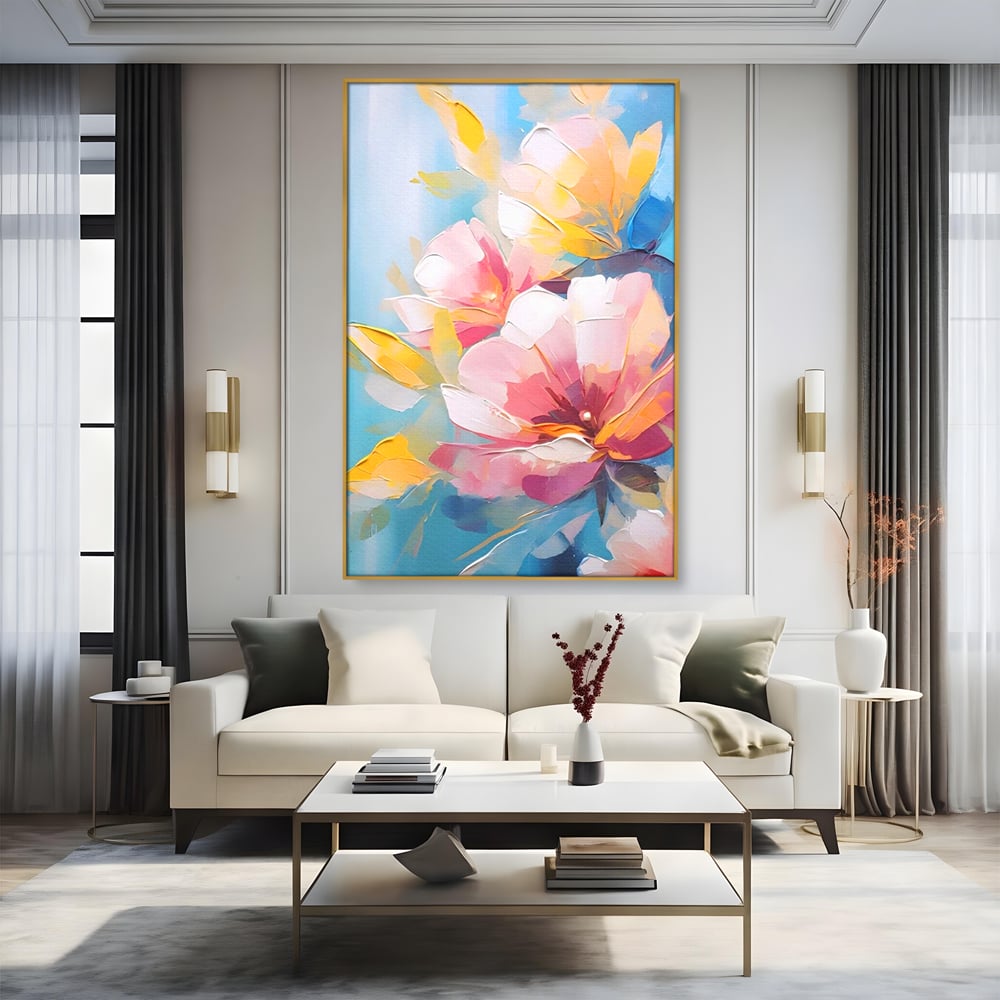 Tablou canvas cu tablou canvas cu flori roz, in rama de aluminiu auriu, pe perete intr-un living